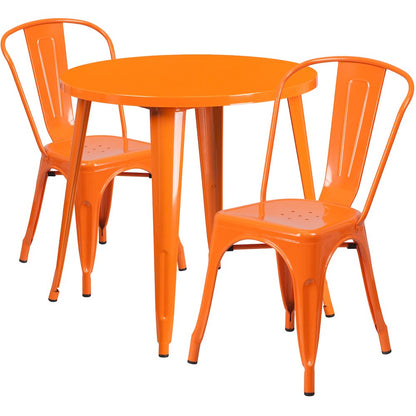 30" Round Orange Metal Indoor-Outdoor Table Set with 2 Cafe Chairs