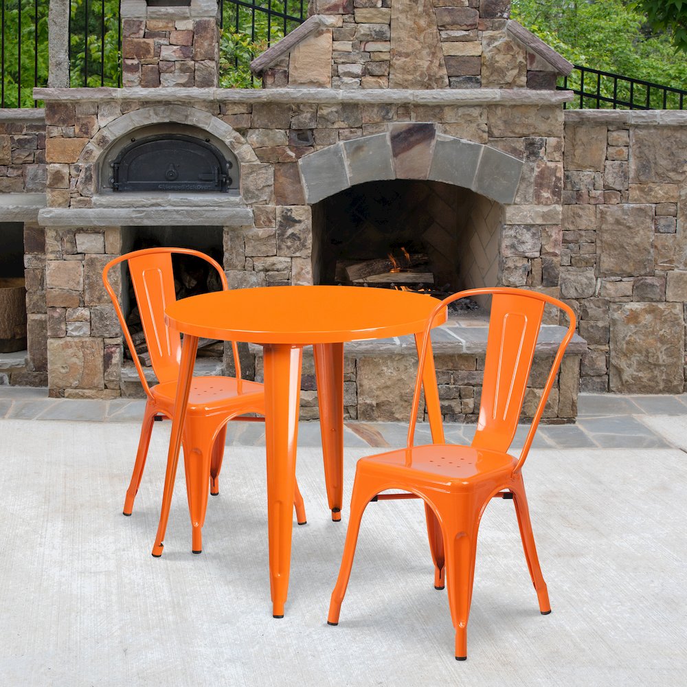 30" Round Orange Metal Indoor-Outdoor Table Set with 2 Cafe Chairs