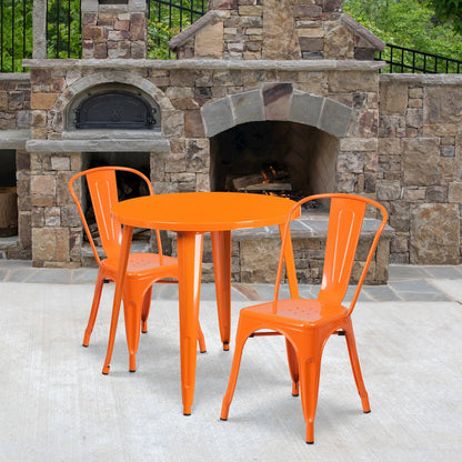 30" Round Orange Metal Indoor-Outdoor Table Set with 2 Cafe Chairs