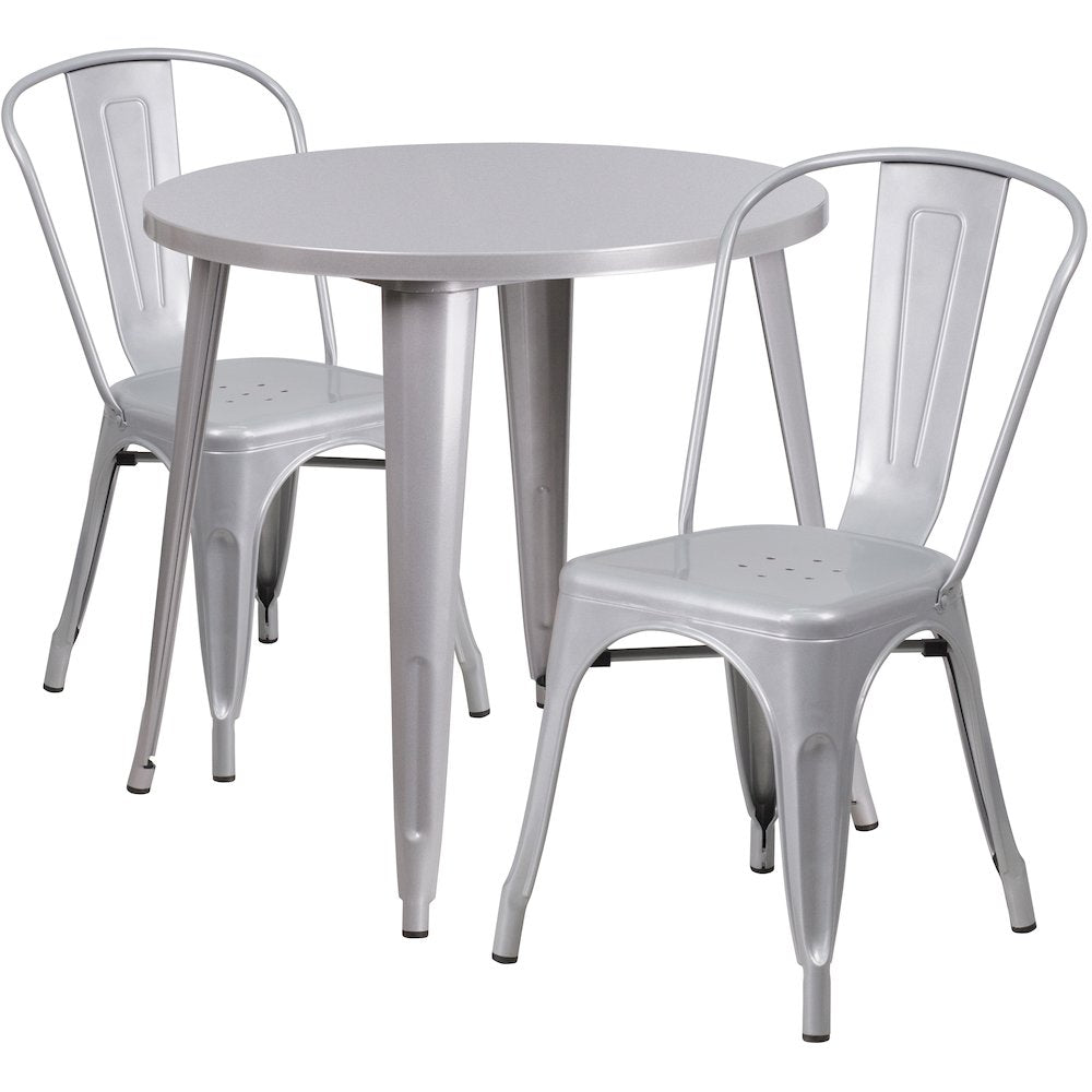 30" Round Silver Metal Indoor-Outdoor Table Set with 2 Cafe Chairs