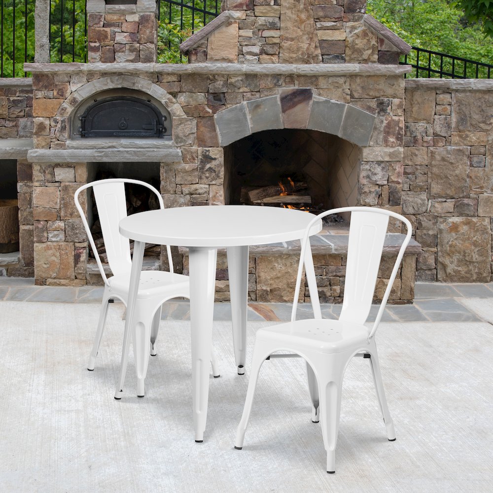 30" Round White Metal Indoor-Outdoor Table Set with 2 Cafe Chairs