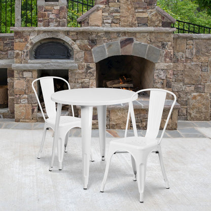 30" Round White Metal Indoor-Outdoor Table Set with 2 Cafe Chairs