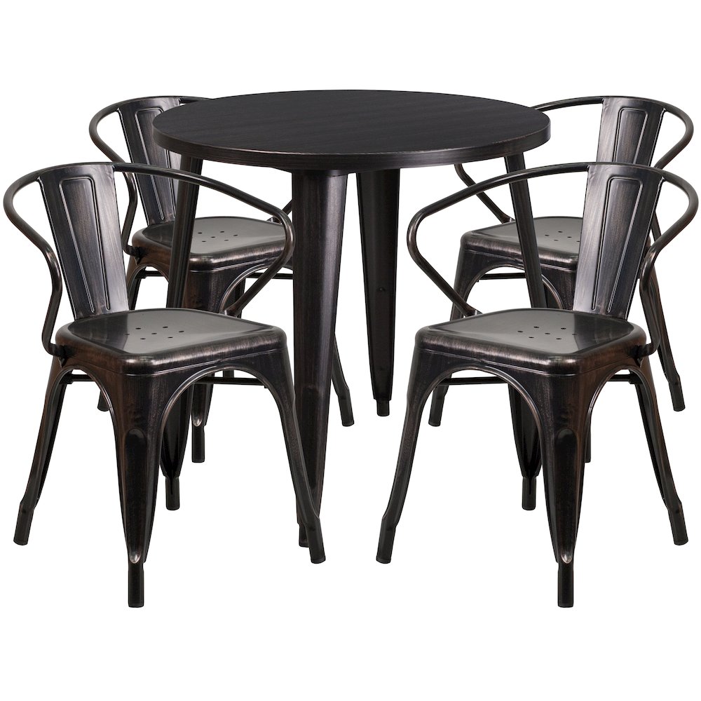 30" Round Black-Antique Gold Metal Indoor-Outdoor Table Set with 4 Arm Chairs