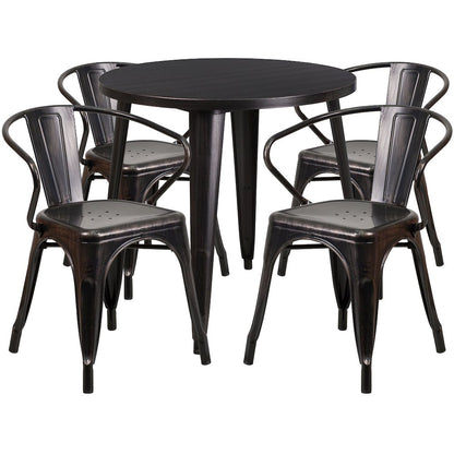 30" Round Black-Antique Gold Metal Indoor-Outdoor Table Set with 4 Arm Chairs