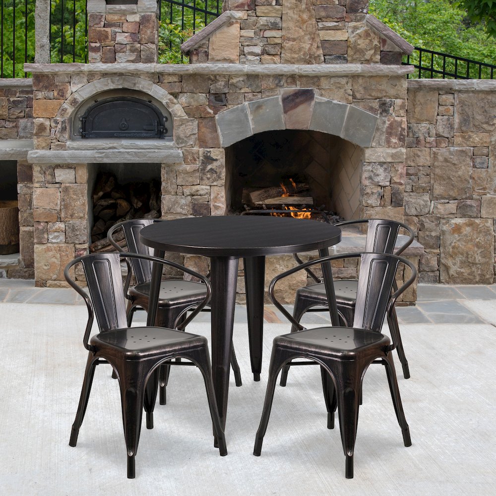 30" Round Black-Antique Gold Metal Indoor-Outdoor Table Set with 4 Arm Chairs