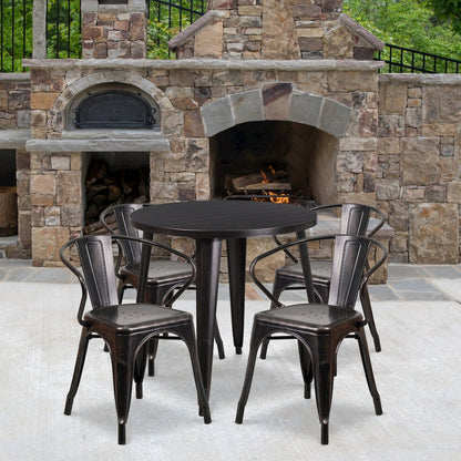 30" Round Black-Antique Gold Metal Indoor-Outdoor Table Set with 4 Arm Chairs