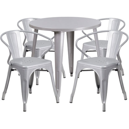 30" Round Silver Metal Indoor-Outdoor Table Set with 4 Arm Chairs