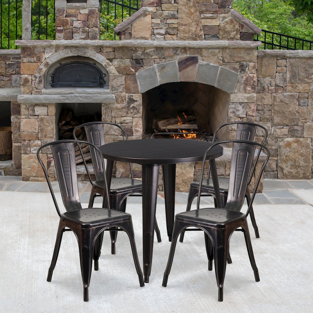 30" Round Black-Antique Gold Metal Indoor-Outdoor Table Set with 4 Cafe Chairs