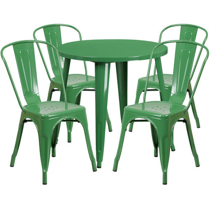 30" Round Green Metal Indoor-Outdoor Table Set with 4 Cafe Chairs