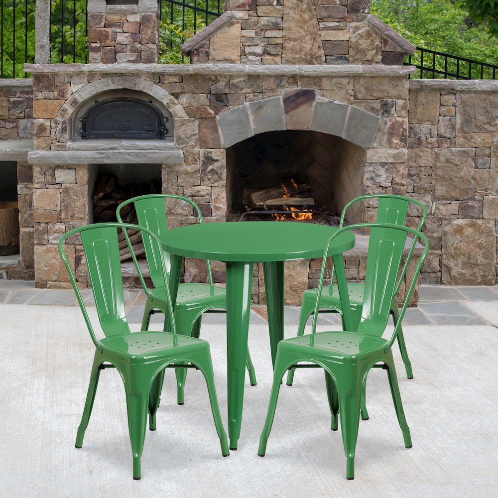 30" Round Green Metal Indoor-Outdoor Table Set with 4 Cafe Chairs