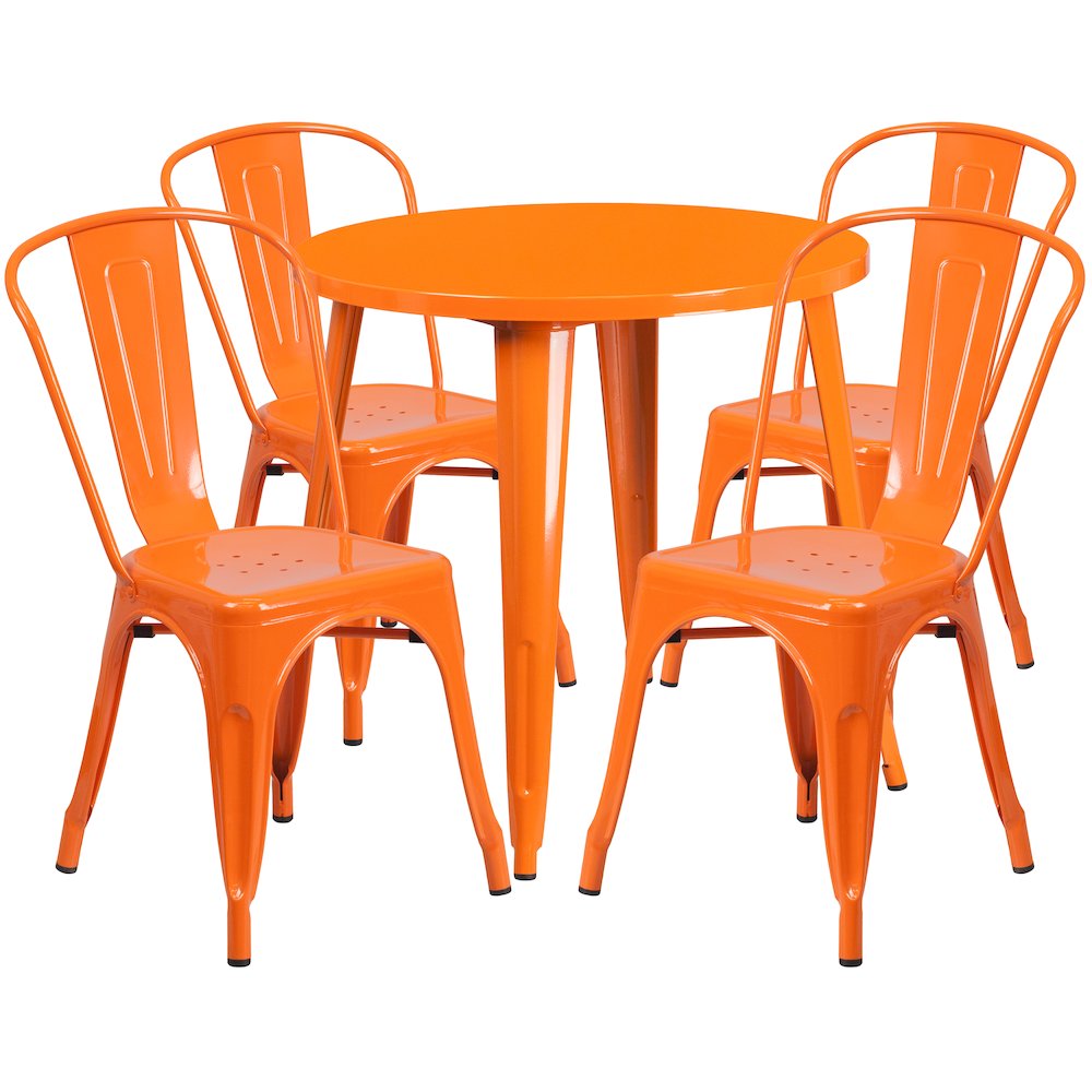30" Round Orange Metal Indoor-Outdoor Table Set with 4 Cafe Chairs