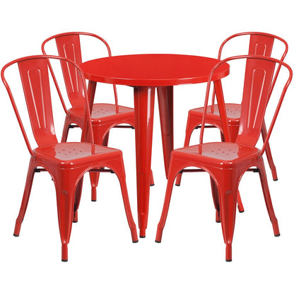 30" Round Red Metal Indoor-Outdoor Table Set with 4 Cafe Chairs