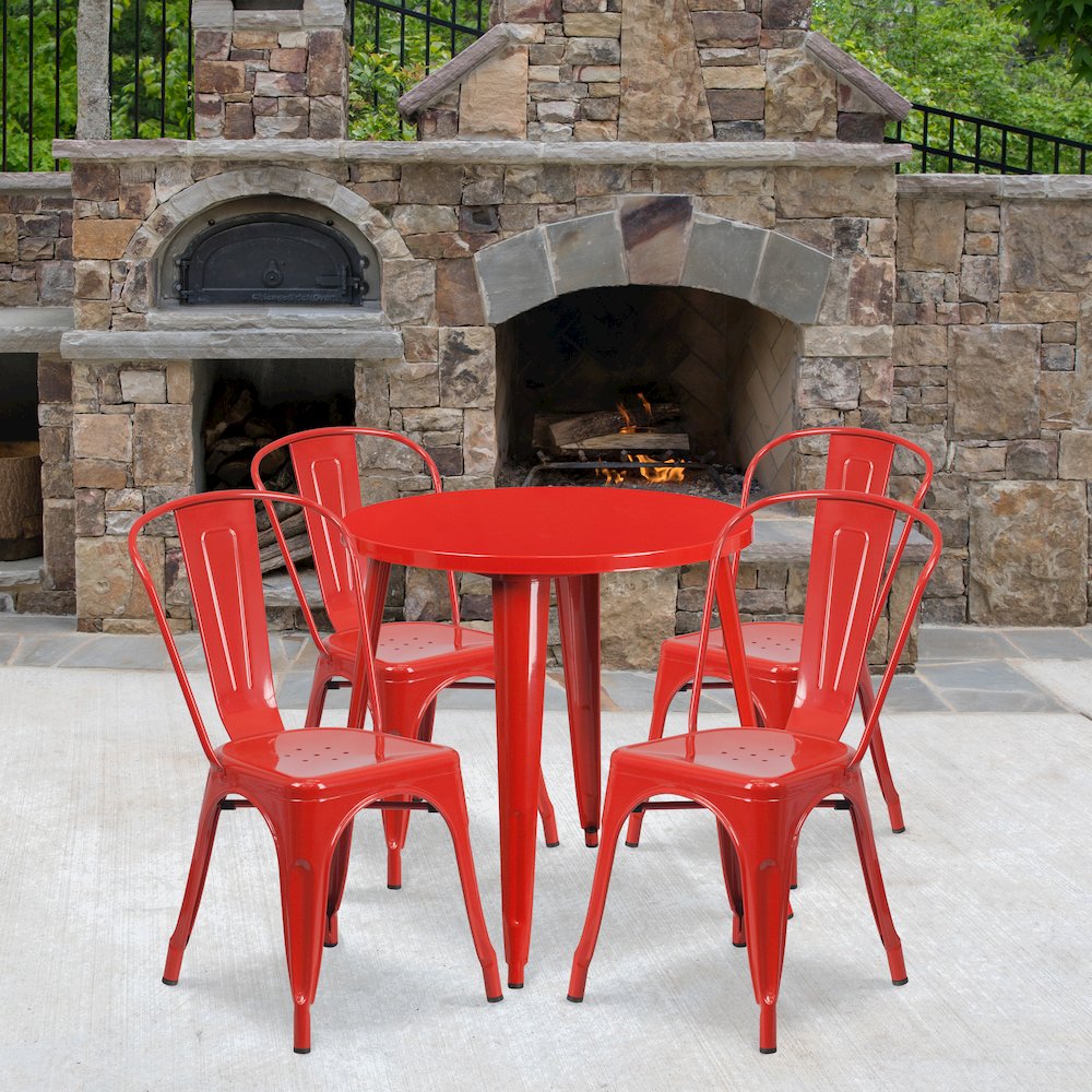 30" Round Red Metal Indoor-Outdoor Table Set with 4 Cafe Chairs