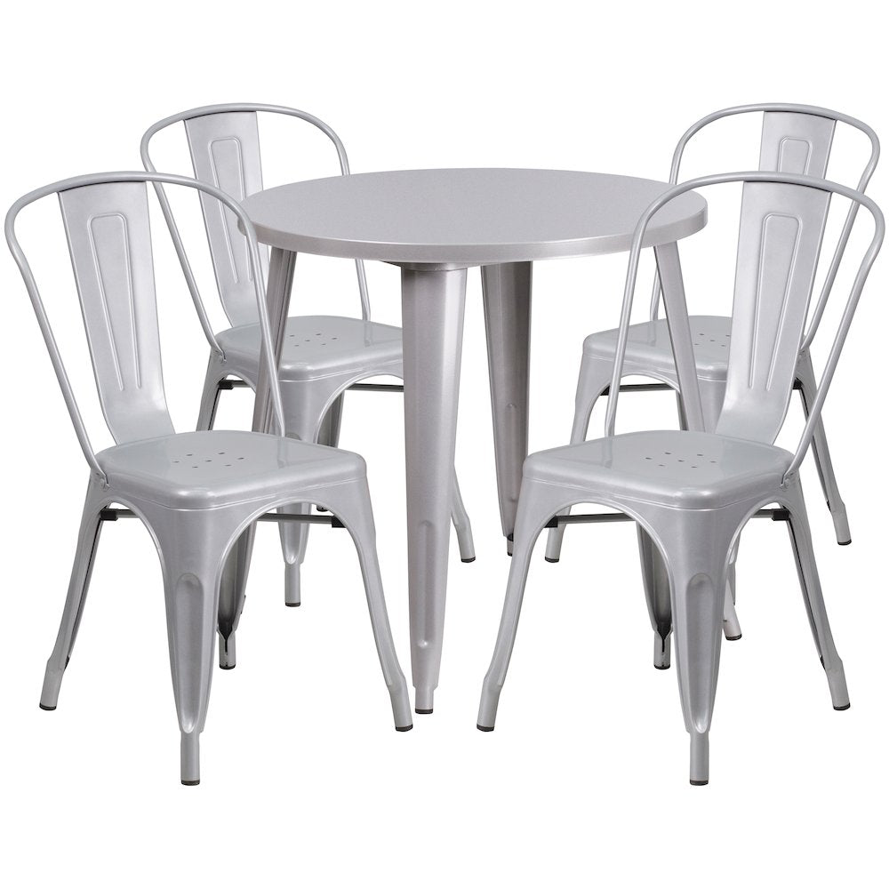 30" Round Silver Metal Indoor-Outdoor Table Set with 4 Cafe Chairs