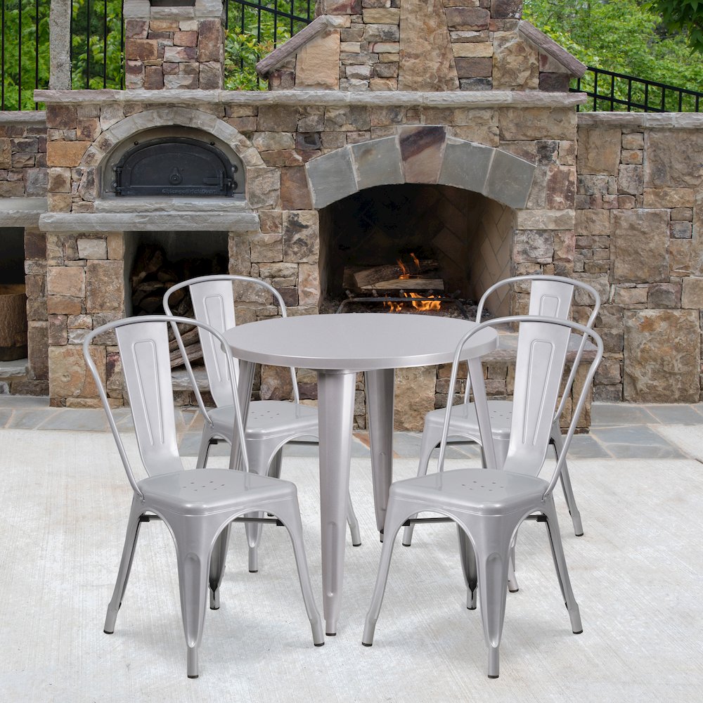 30" Round Silver Metal Indoor-Outdoor Table Set with 4 Cafe Chairs