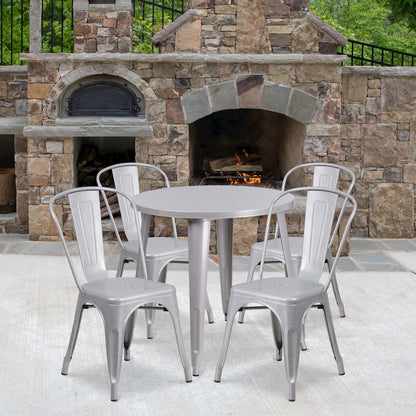 30" Round Silver Metal Indoor-Outdoor Table Set with 4 Cafe Chairs