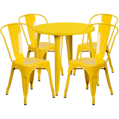 30" Round Yellow Metal Indoor-Outdoor Table Set with 4 Cafe Chairs