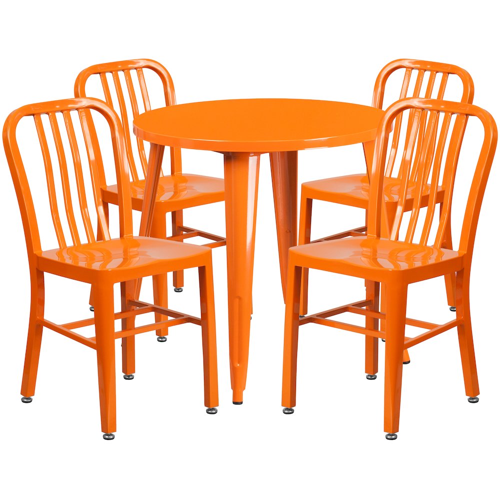Commercial Grade 30" Round Orange Metal Indoor-Outdoor Table Set with 4 Vertical Slat Back Chairs