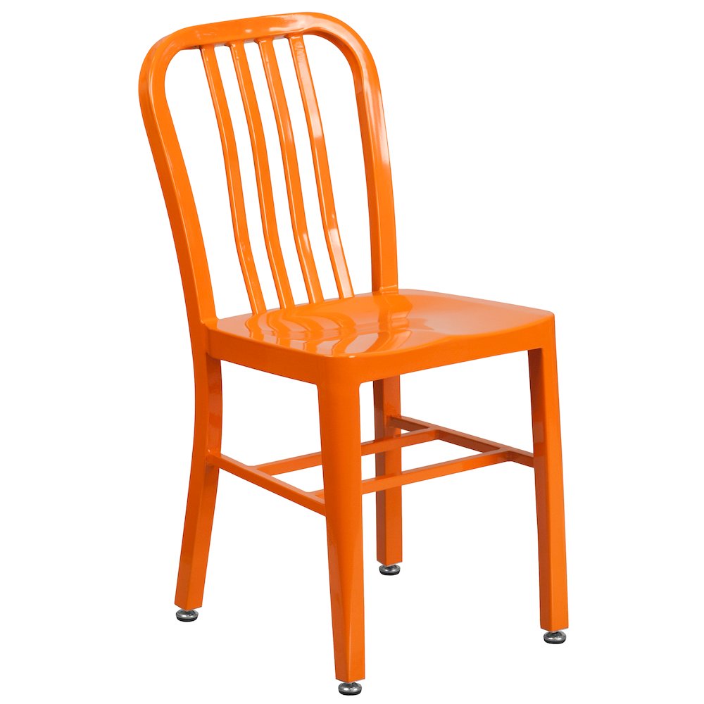 Commercial Grade 30" Round Orange Metal Indoor-Outdoor Table Set with 4 Vertical Slat Back Chairs