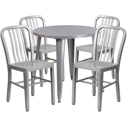 Commercial Grade 30" Round Silver Metal Indoor-Outdoor Table Set with 4 Vertical Slat Back Chairs
