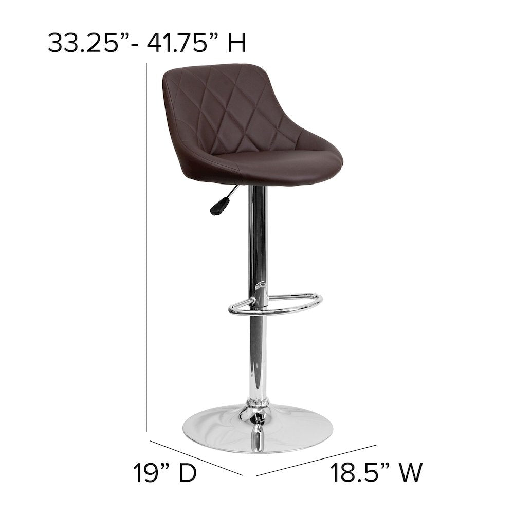 Contemporary Brown Vinyl Bucket Seat Adjustable Height Barstool with Diamond Pattern Back and Chrome Base