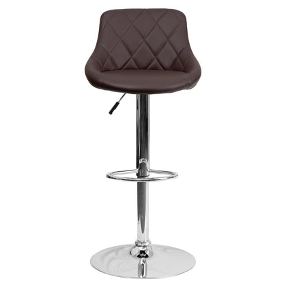 Contemporary Brown Vinyl Bucket Seat Adjustable Height Barstool with Diamond Pattern Back and Chrome Base