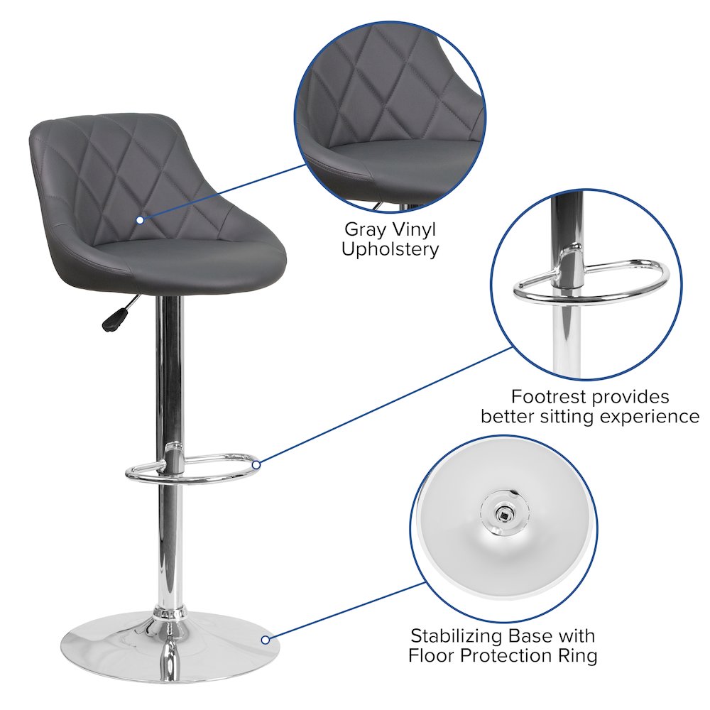 Contemporary Gray Vinyl Bucket Seat Adjustable Height Barstool with Chrome Base