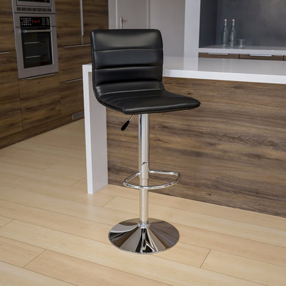 Black Vinyl Adjustable Bar Stool, Swivel Stool with Chrome Pedestal Base