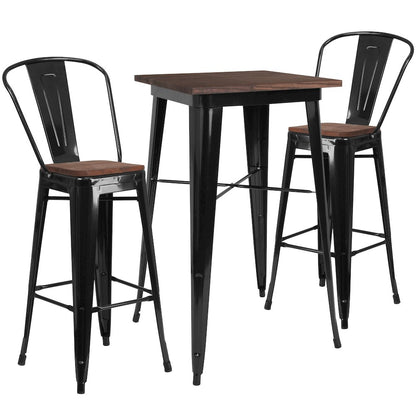 3.5" Square Black Metal Bar Table Set with Wood Top and 2 Stools