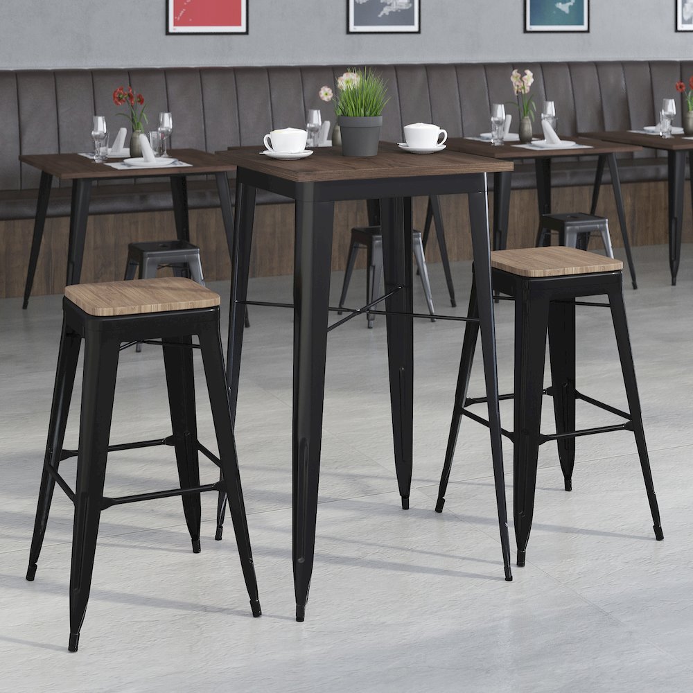 3.5" Square Black Metal Bar Table Set with Wood Top and 2 Backless Stools