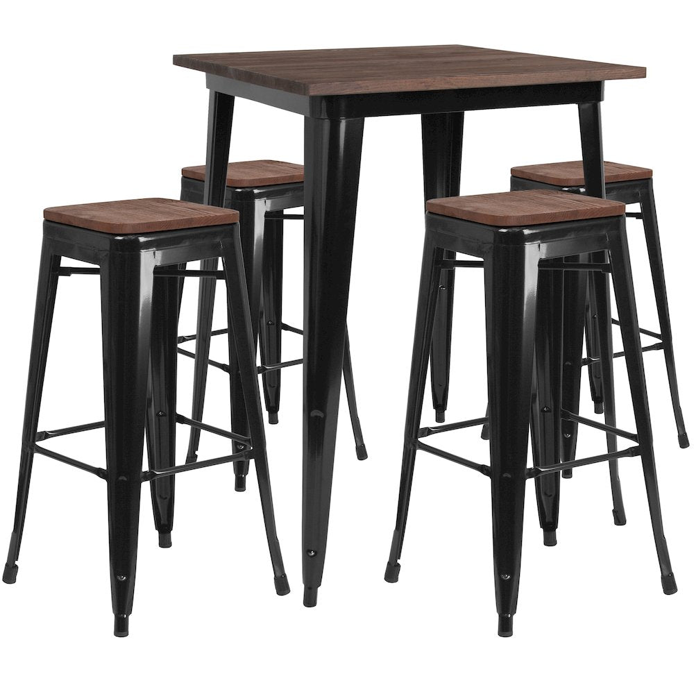 1.5" Square Black Metal Bar Table Set with Wood Top and 4 Backless Stools