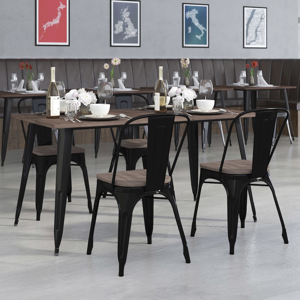 0.25" x 60" Black Metal Table Set with Wood Top and 4 Stack Chairs