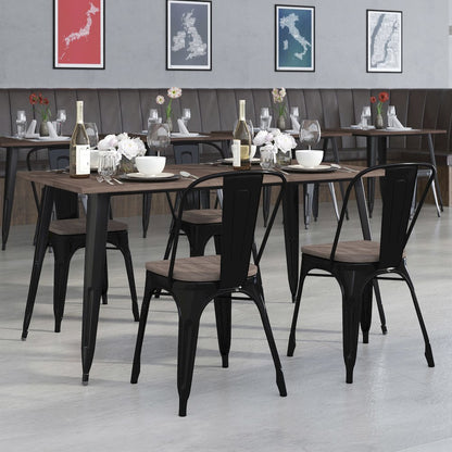 0.25" x 60" Black Metal Table Set with Wood Top and 4 Stack Chairs