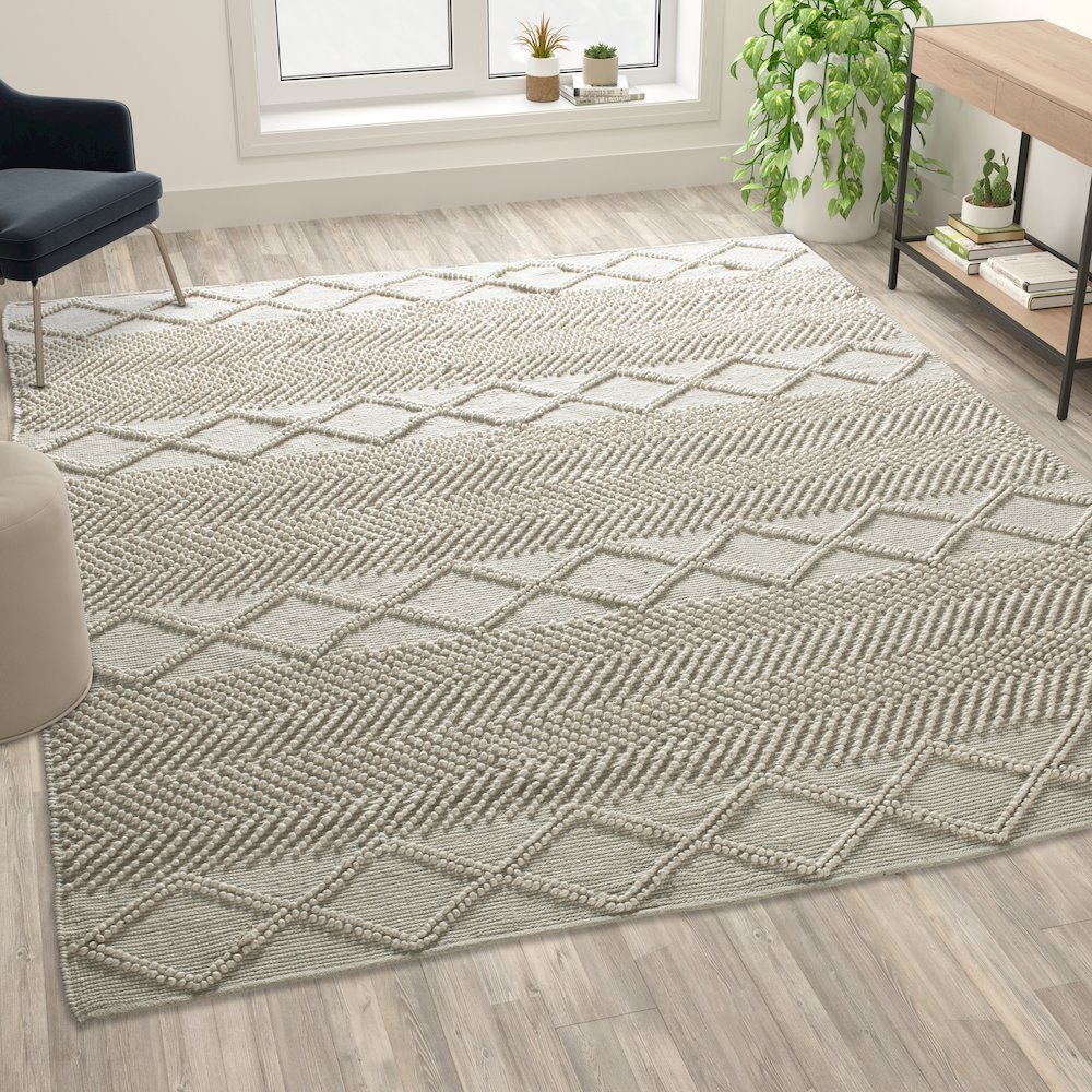 8' x 10' White, Ivory Geometric Design Handwoven Area Rug