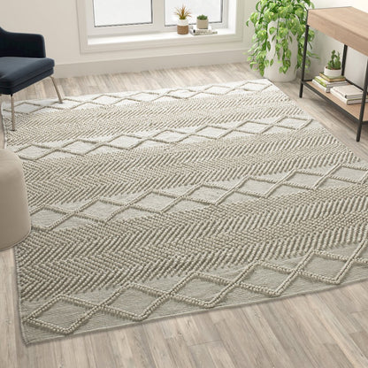 8' x 10' White, Ivory Geometric Design Handwoven Area Rug