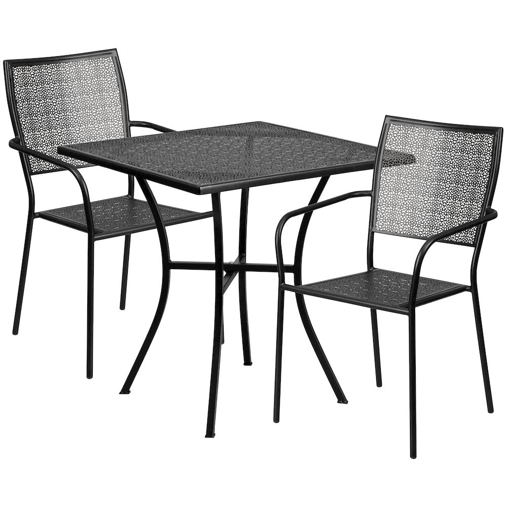 28" Square Black Indoor-Outdoor Steel Patio Table Set with 2 Square Back Chairs