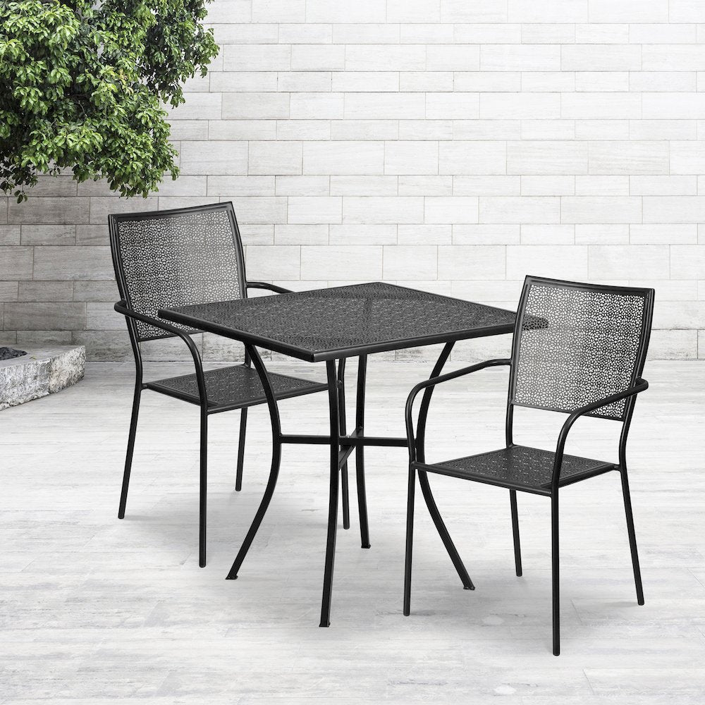 28" Square Black Indoor-Outdoor Steel Patio Table Set with 2 Square Back Chairs