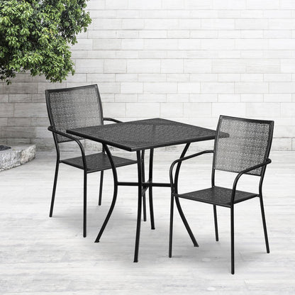 28" Square Black Indoor-Outdoor Steel Patio Table Set with 2 Square Back Chairs