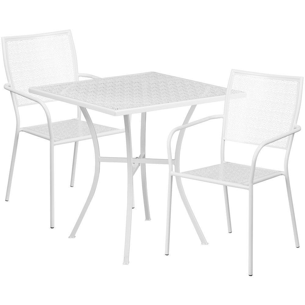 Commercial Grade 28" Square White Indoor-Outdoor Steel Patio Table Set with 2 Square Back Chairs