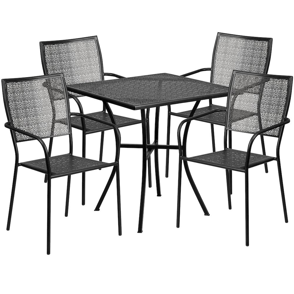 28" Square Black Indoor-Outdoor Steel Patio Table Set with 4 Square Back Chairs