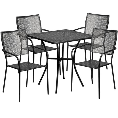 28" Square Black Indoor-Outdoor Steel Patio Table Set with 4 Square Back Chairs