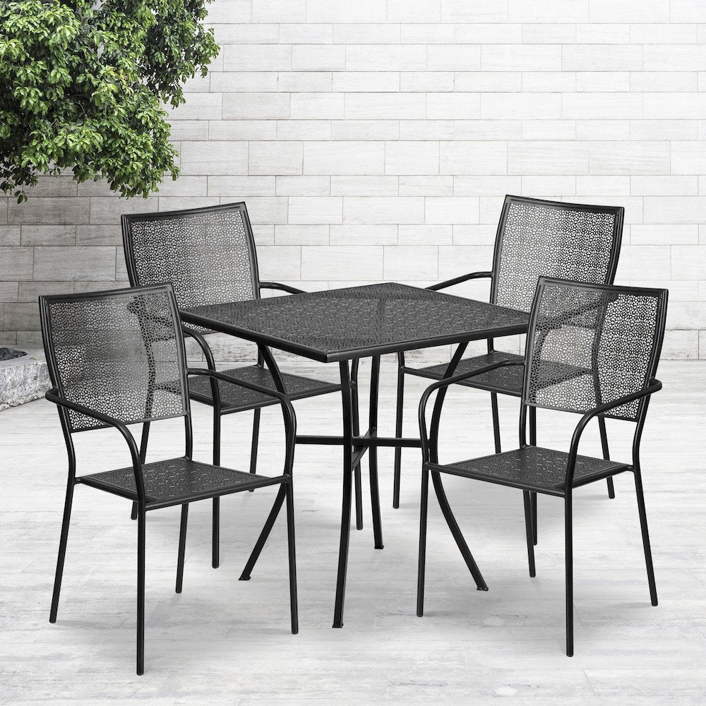 28" Square Black Indoor-Outdoor Steel Patio Table Set with 4 Square Back Chairs