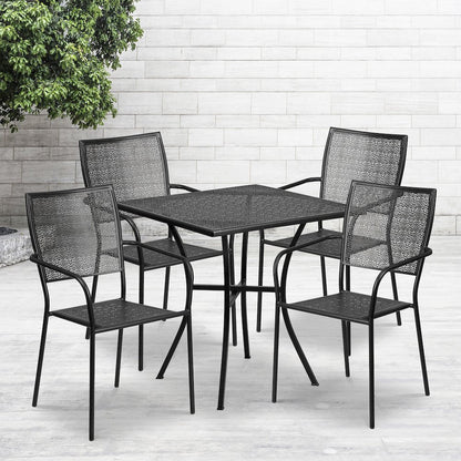 28" Square Black Indoor-Outdoor Steel Patio Table Set with 4 Square Back Chairs