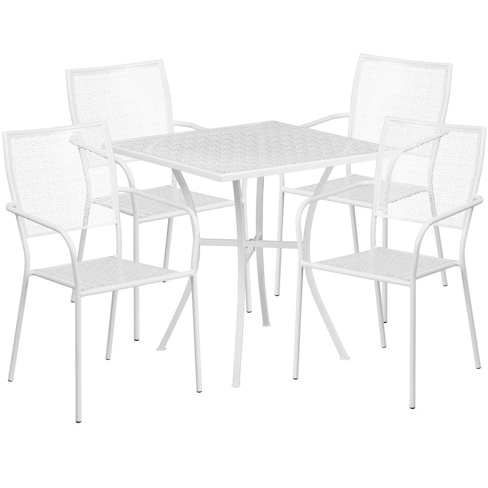 Commercial Grade 28" Square White Indoor-Outdoor Steel Patio Table Set with 4 Square Back Chairs