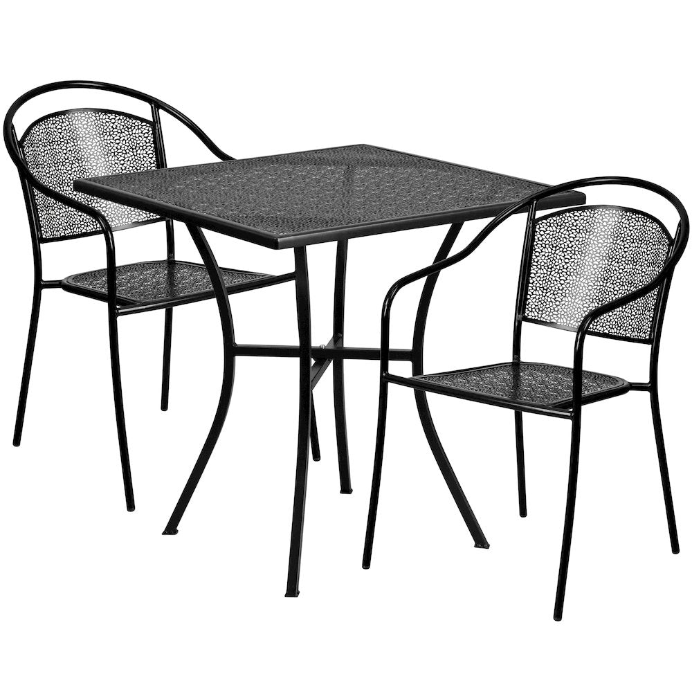 28" Square Black Indoor-Outdoor Steel Patio Table Set with 2 Round Back Chairs