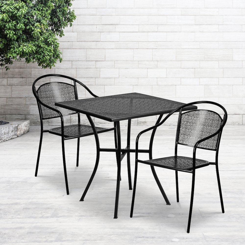 28" Square Black Indoor-Outdoor Steel Patio Table Set with 2 Round Back Chairs