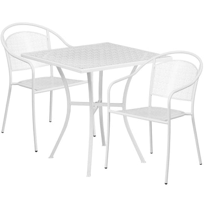 28" Square White Indoor-Outdoor Steel Patio Table Set with 2 Round Back Chairs