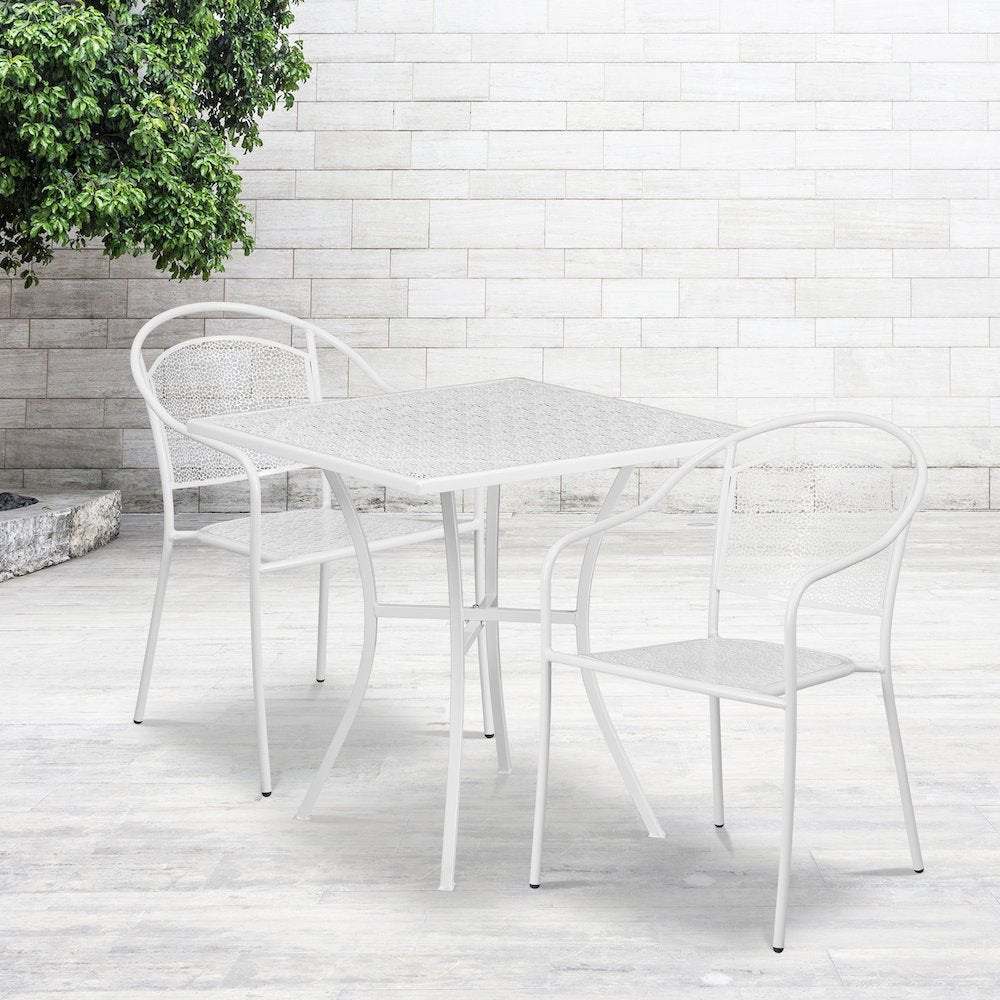 28" Square White Indoor-Outdoor Steel Patio Table Set with 2 Round Back Chairs