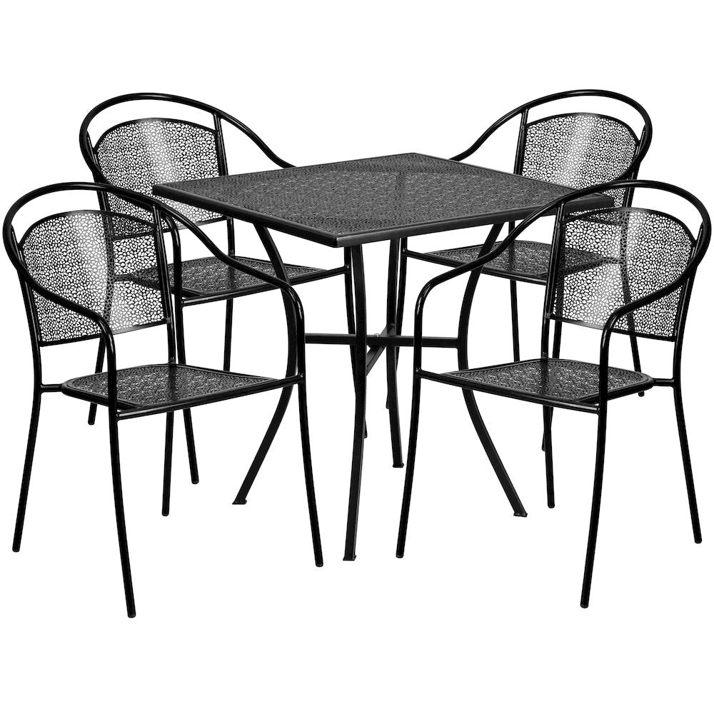 28" Square Black Indoor-Outdoor Steel Patio Table Set with 4 Round Back Chairs