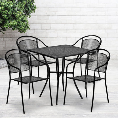 Commercial Grade 28" Square Black Indoor-Outdoor Steel Patio Table Set with 4 Round Back Chairs